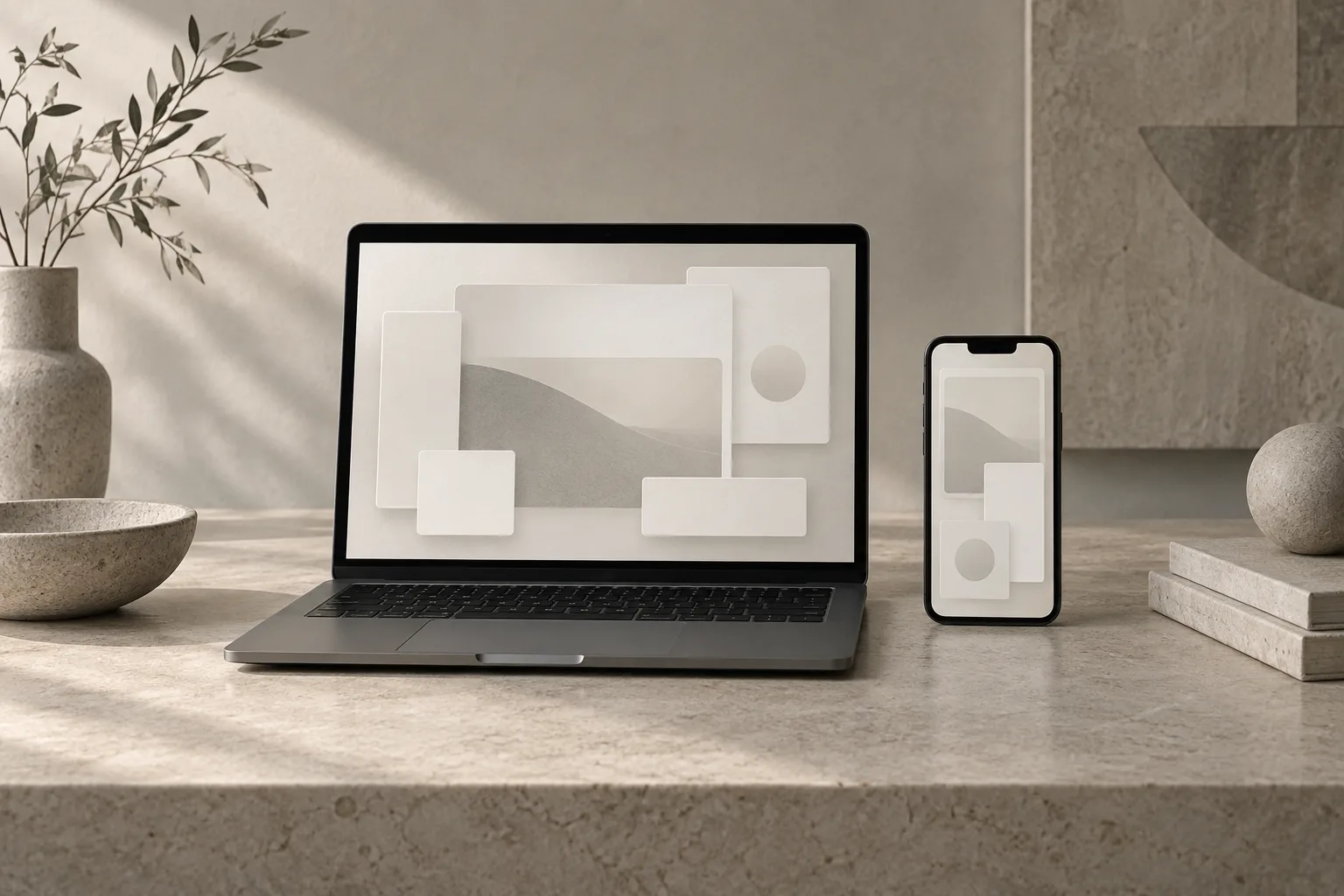 Conceptual laptop and mobile interfaces representing digital product design and development.