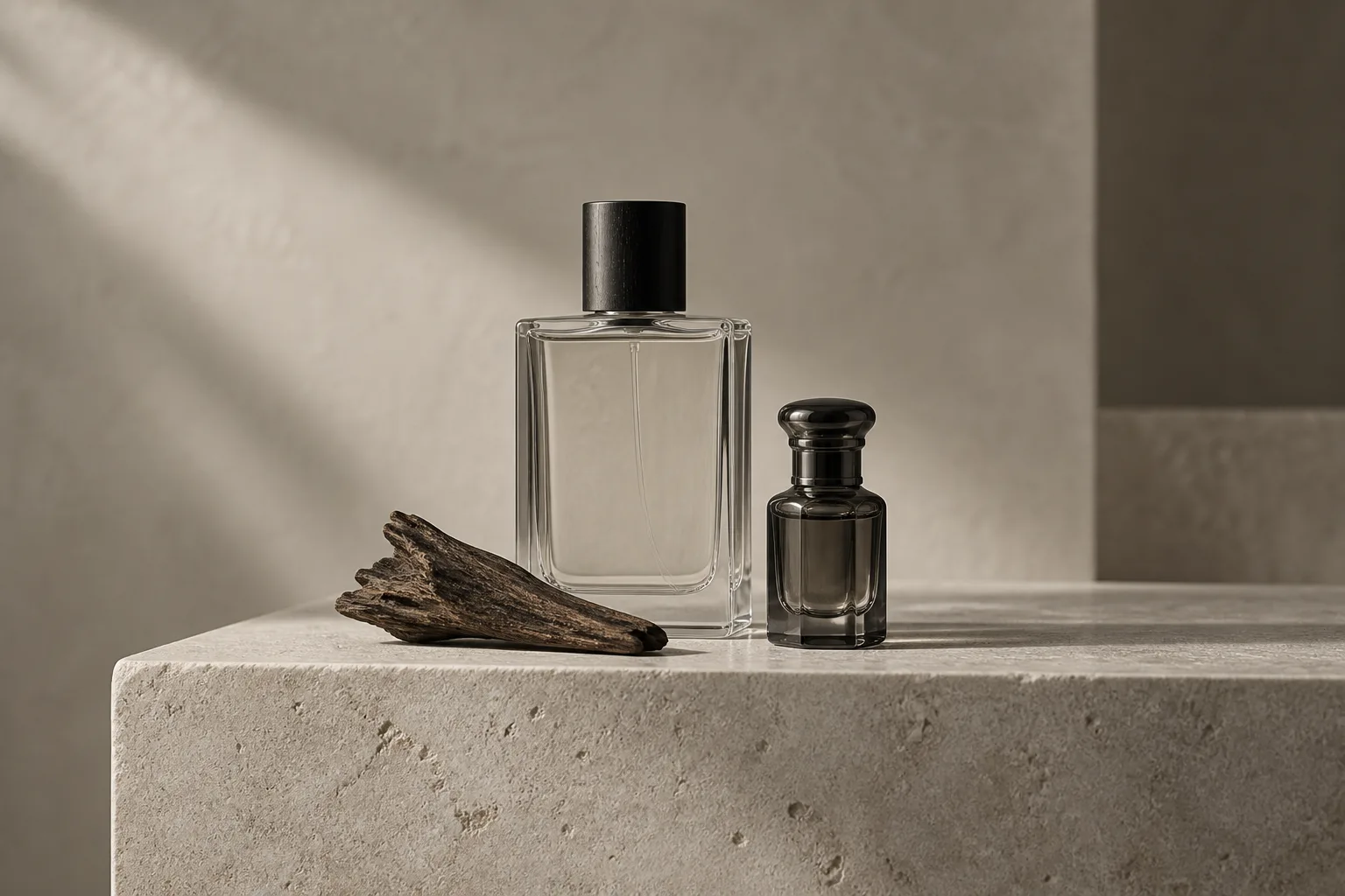 An editorial still life of unbranded perfume bottles and oud representing fragrance curation.